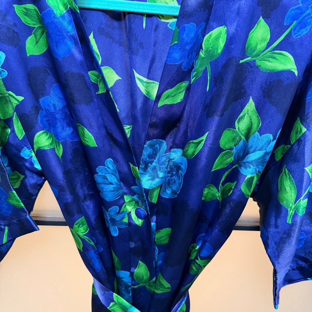 California Dynasty Vintage 80s Satin Floral Kimono Robe Navy Blue Green Sz L - Picture 2 of 8